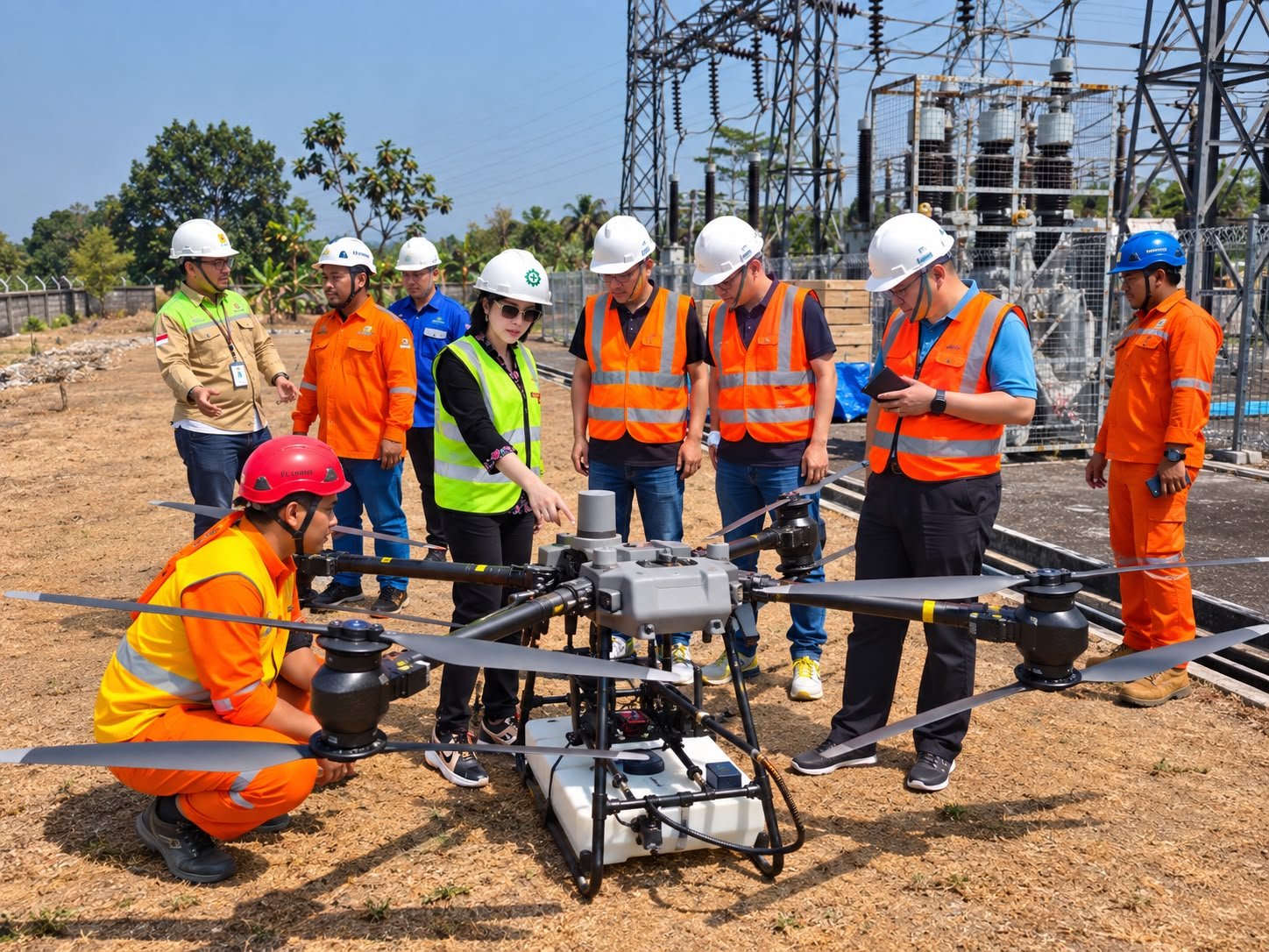 PT Duta Topkey Energi demokan drone pembersih insulator transmisi listrik demi tingkatkan efisiensi dan K3.